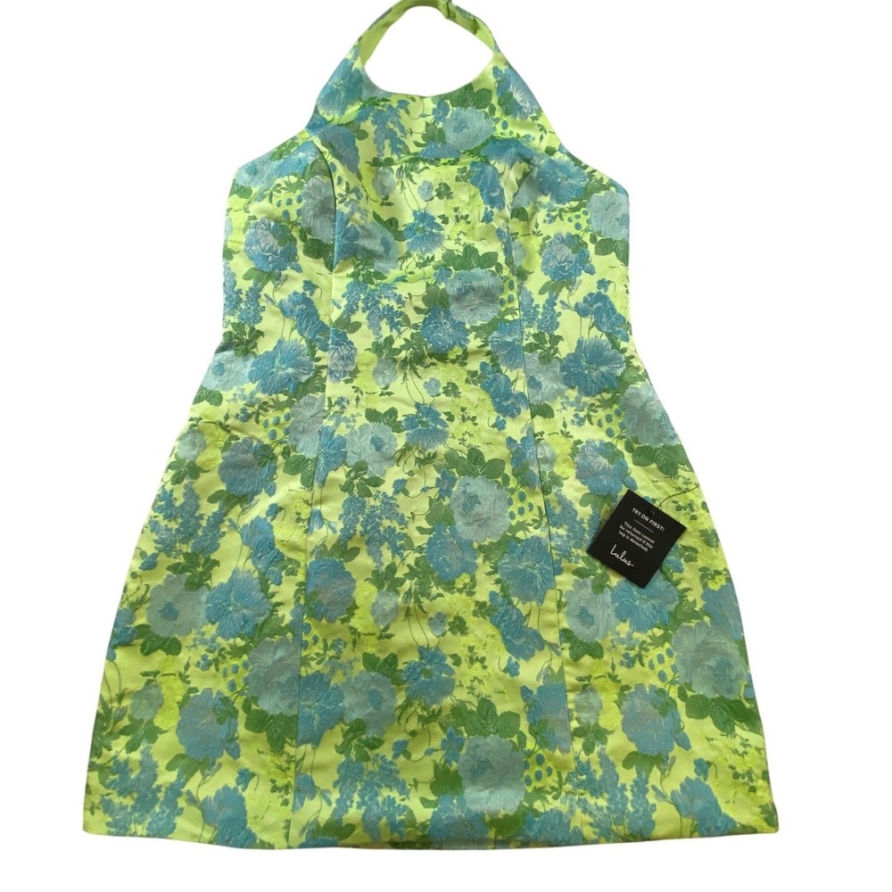 Lulus Ariadna Lime Green Floral‎ Jacquard Halter Mini Dress Size Large - Picture 3 of 15